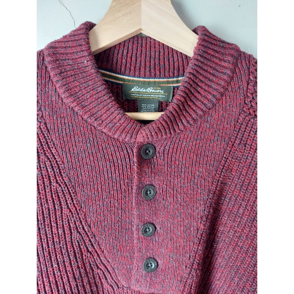 Mens Eddie Bauer Pullover Knit Maroon Black Henley Sweater Ribbed Placket Henley